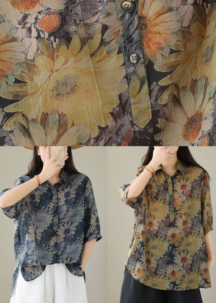 Yellow Print Patchwork Cotton Top Peter Pan Collar Button Summer