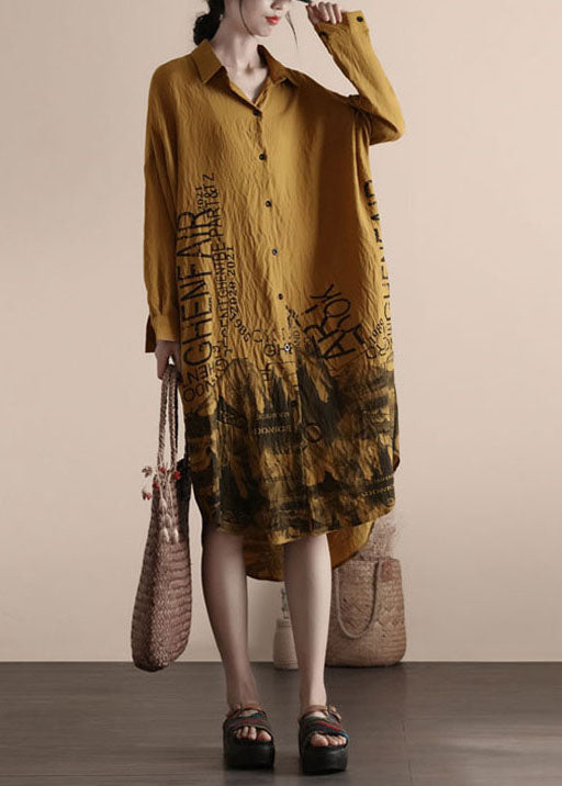 Yellow Print Patchwork Linen Shirts Dresses Peter Pan Collar Spring