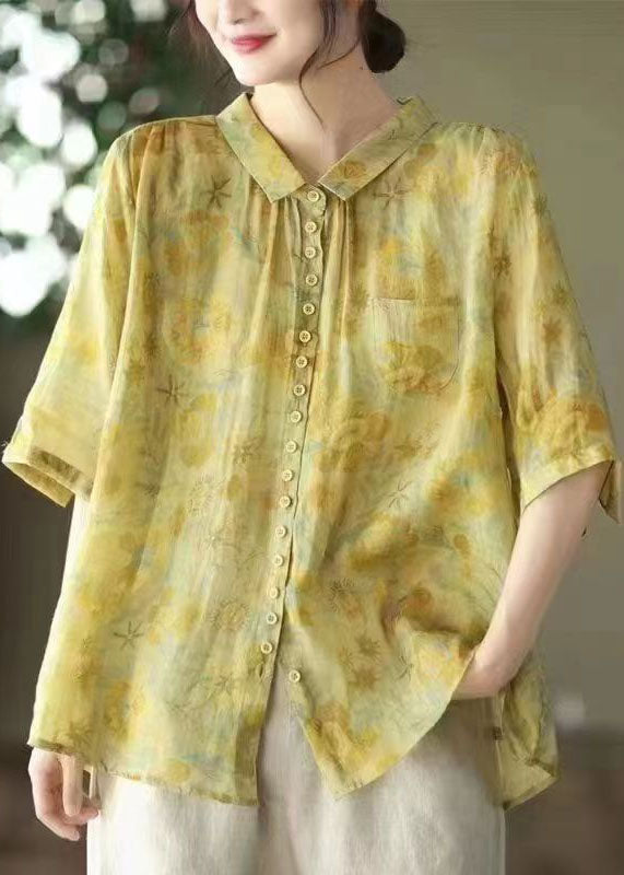 Yellow Print Patchwork Linen Top Peter Pan Collar Button Summer