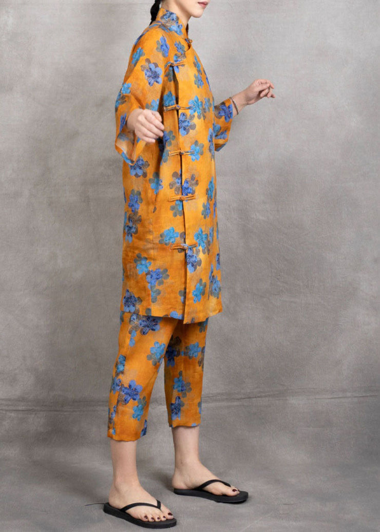 Yellow Print Patchwork Linen Two Pieces Set Chinese Button Summer