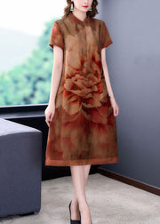 Yellow Print Patchwork Silk Dresses Stand Collar Summer