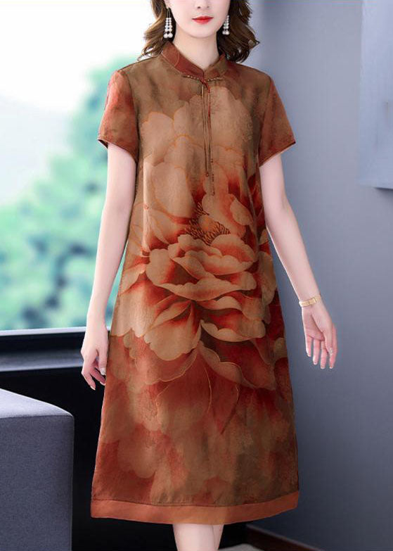 Yellow Print Patchwork Silk Dresses Stand Collar Summer