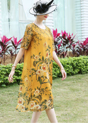 Yellow Print Silk Beach Dress O-Neck Oversized Summer