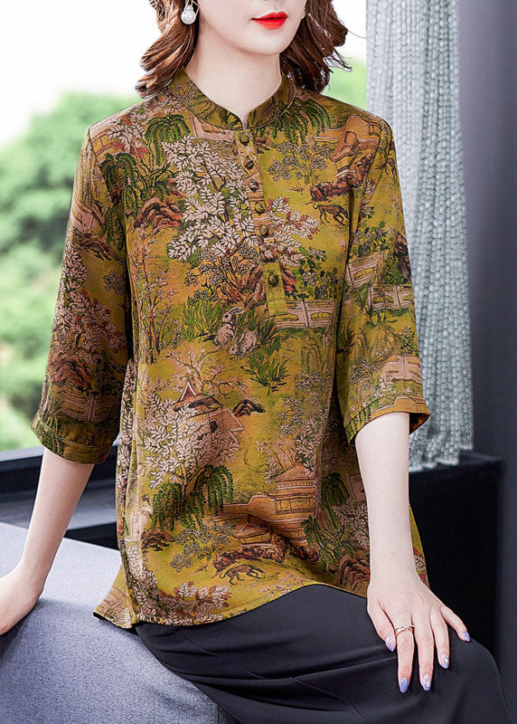 Yellow Print Silk Shirts Tops Stand Collar Button Summer