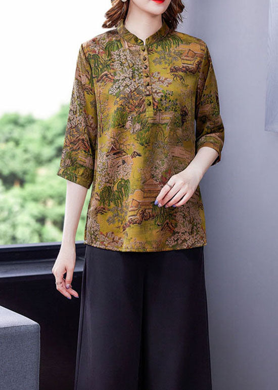 Yellow Print Silk Shirts Tops Stand Collar Button Summer