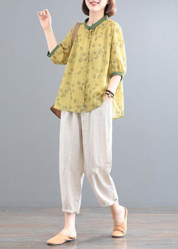 Yellow Print Tops And Beige Pants Linen Women Sets Summer