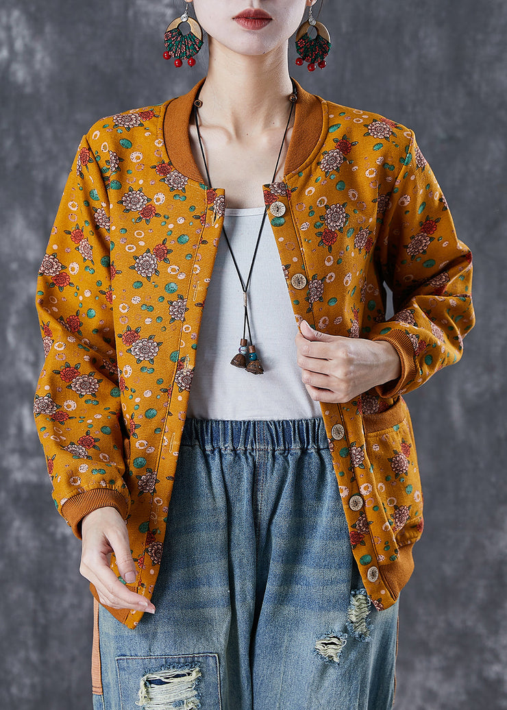 Yellow Print Warm Fleece Jacket Oversized Pockets Winter