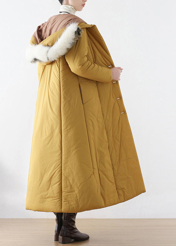 Yellow Side Open Hooded Long Parka Winter