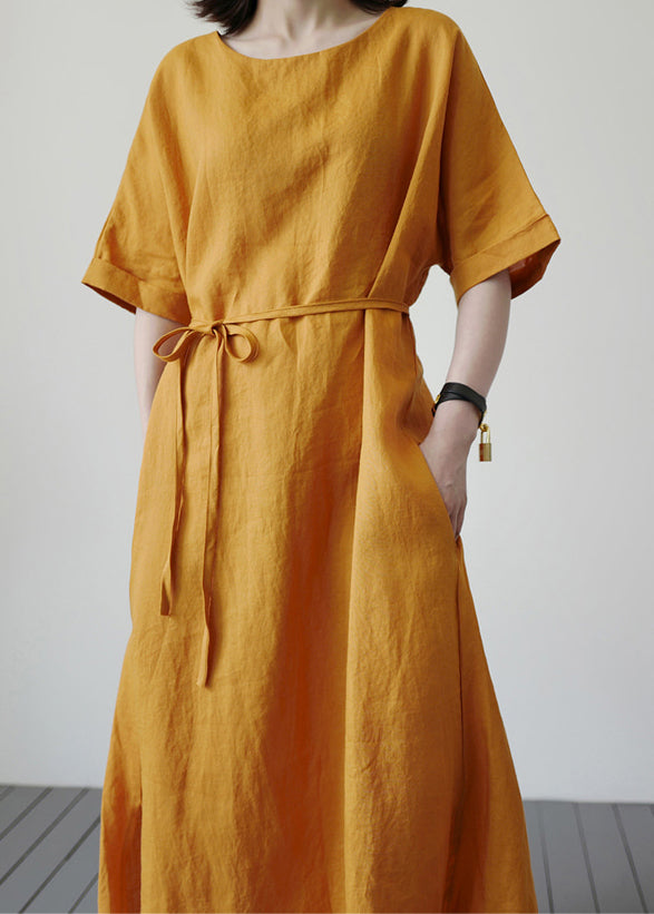 Yellow Side Open Solid Holiday Maxi Dress Short Sleeve