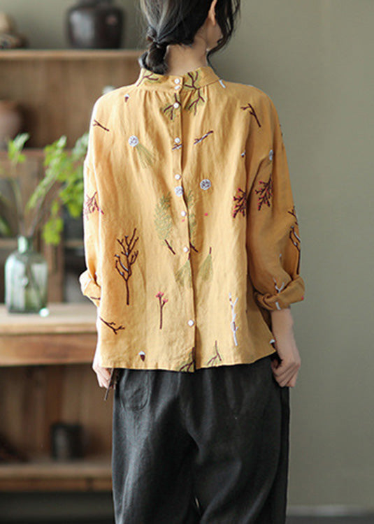 Yellow Stand Collar Button Linen Top Spring