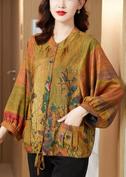 Yellow Stand Collar Pockets Silk Top Long Sleeve