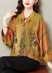 Yellow Stand Collar Pockets Silk Top Long Sleeve