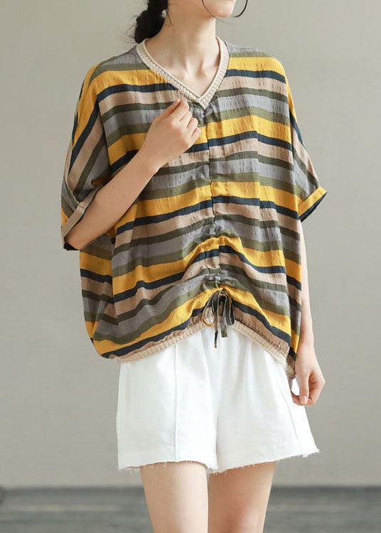 Yellow Striped Patchwork Cotton T Shirt Top V Neck Summer