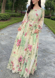 Yellow Tie Waist Chiffon Maxi Beach Dresses Long Sleeve