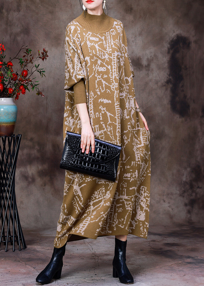 Yellow Turtleneck Print Knit Maxi Dress Batwing Sleeve