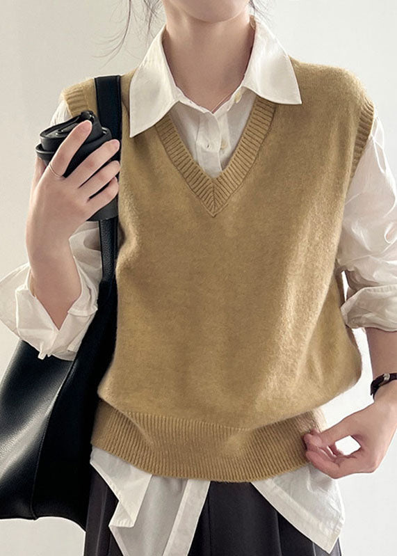 Yellow V Neck Cotton Knit Waistcoat Spring