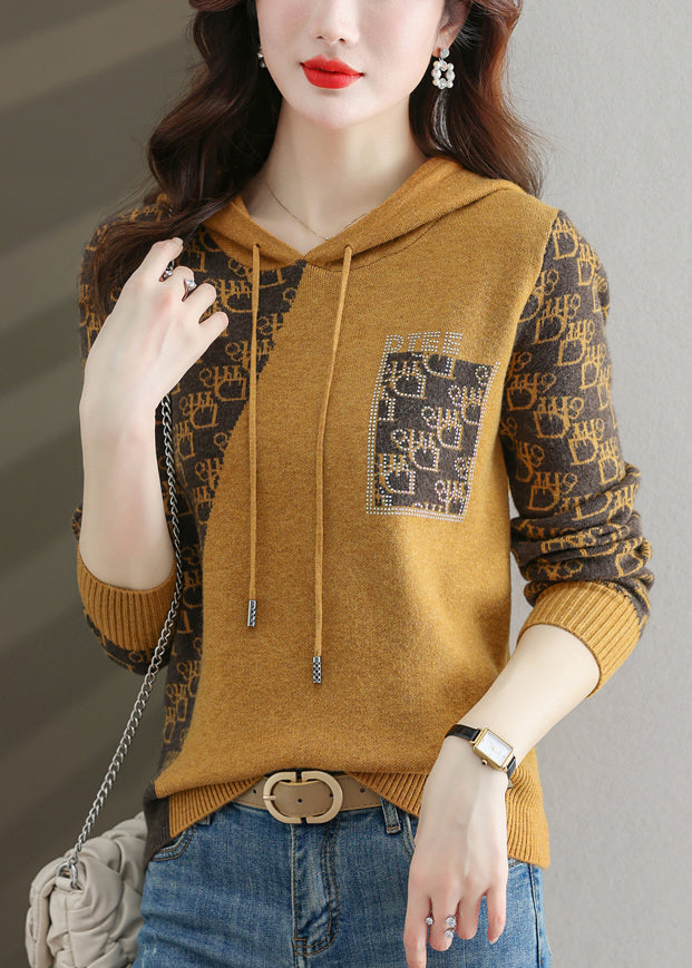 Yellow Zircon Patchwork Cotton Knit Sweaters Hooded Long Sleeve