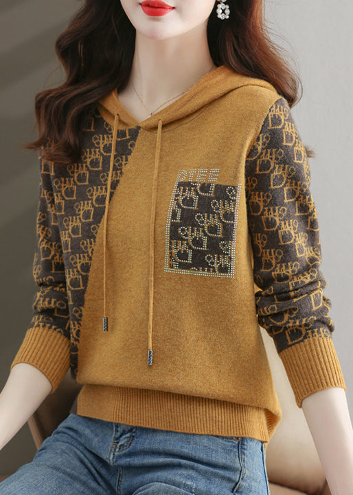 Yellow Zircon Patchwork Cotton Knit Sweaters Hooded Long Sleeve