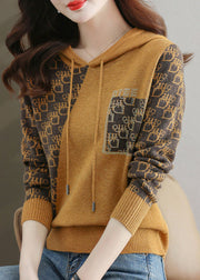 Yellow Zircon Patchwork Cotton Knit Sweaters Hooded Long Sleeve