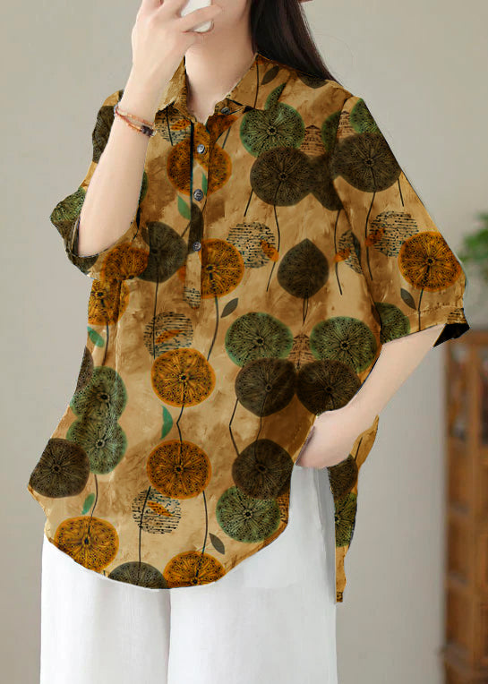 Italian Green-cashew Peter Pan Collar Print Patchwork Cotton Blouses Summer