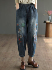 Casual Loose Embroidered Elasticity Harem Denim Pants