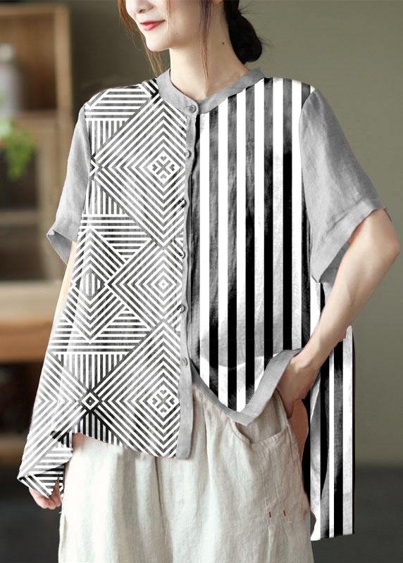 Boho Black strips Summer Side Open Stand Collar Ramie Loose Short Sleeve