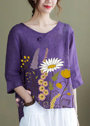 DIY purple-full of flowers Embroideried side open Half Sleeve Top