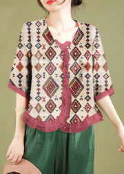 Fashion Burgundy  Geometry Ruffled Button Patchwork Linen Blouse Top Summer