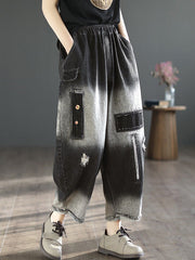 Vintage Hollow Elasticity Applique Denim Ninth Pants