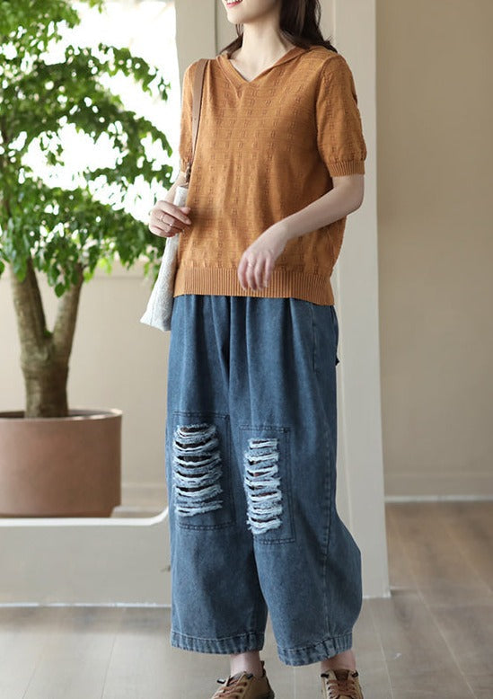 Loose Hollow Elasticity Denim Harem Pants