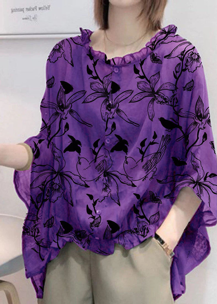 Art Red-flowers Tops Ruffles Trim Half Sleeve Shirts Blouse Plus Size