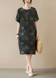 Classy Khaki Print O-Neck Pockets Summer Maxi Dresses Half Sleeve