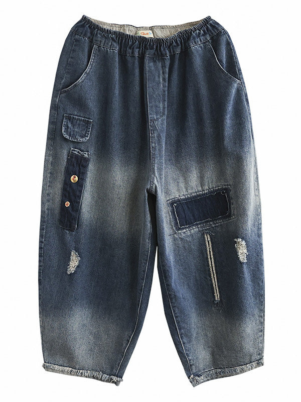 Vintage Hollow Elasticity Applique Denim Ninth Pants