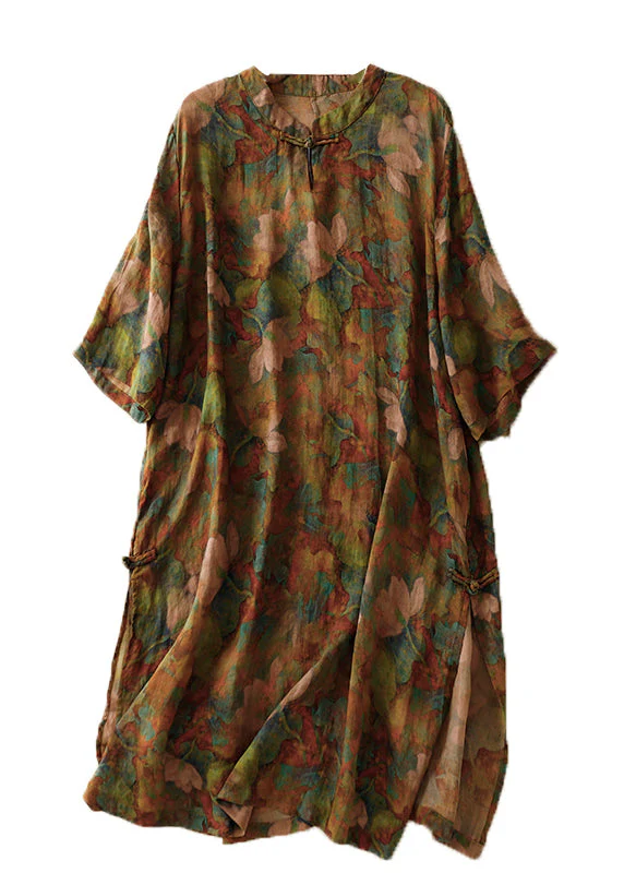 Grace Stand Collar Button Print Linen Dress Summer