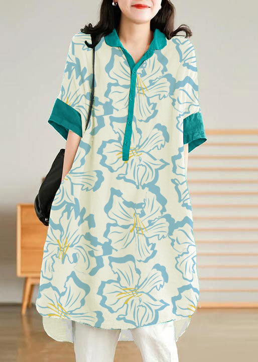 Jade Blue flower Linen Women Casual Linen Shirt Dress