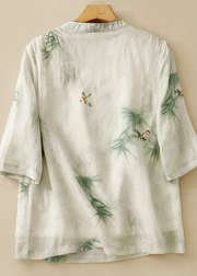 Grace Green Stand Collar Embroidered Linen Shirt Top Summer