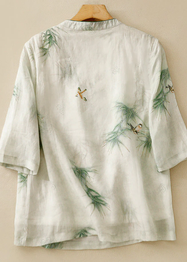 Grace Green Stand Collar Embroidered Linen Shirt Top Summer