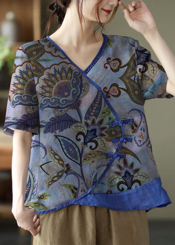 Simple Dark Blue Print Ramie Oriental Summer Tops