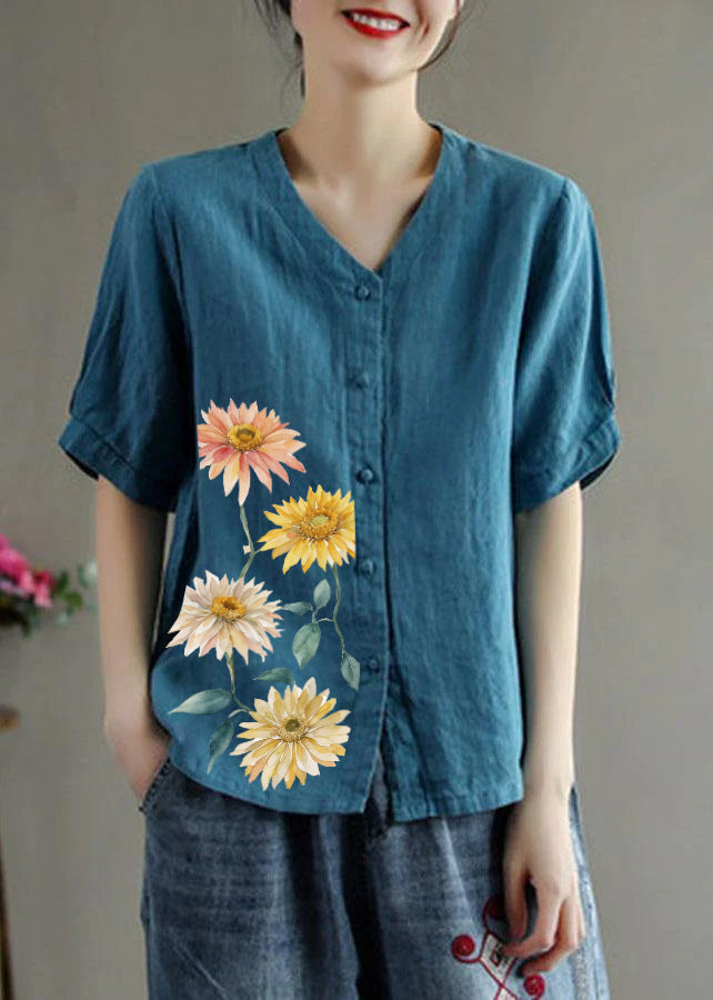 Loose Red-neckline flowers V Neck Embroideried Floral Summer Linen Shirt