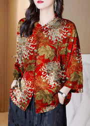 Women Black-floral Stand Collar Button Print Patchwork Silk Blouse Top Summer