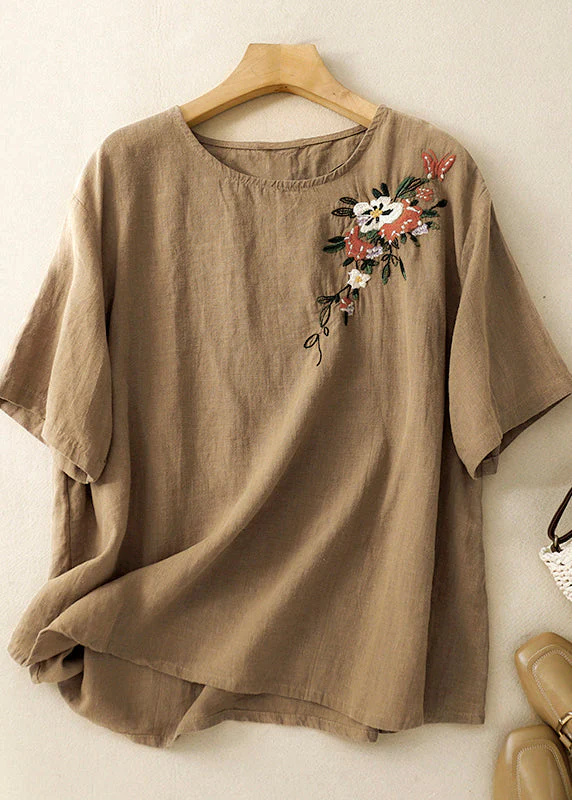 Grace Khaki O Neck Embroidered Linen T Shirts Summer