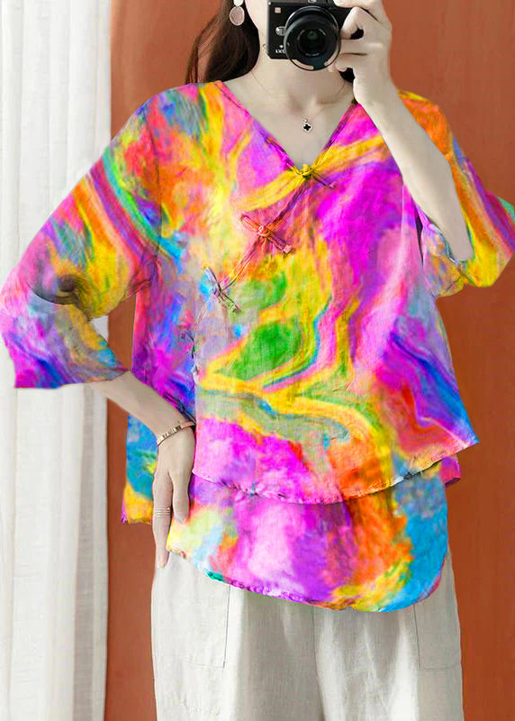 Beautiful Color Asymmetrical Print Linen Blouses Half Sleeve