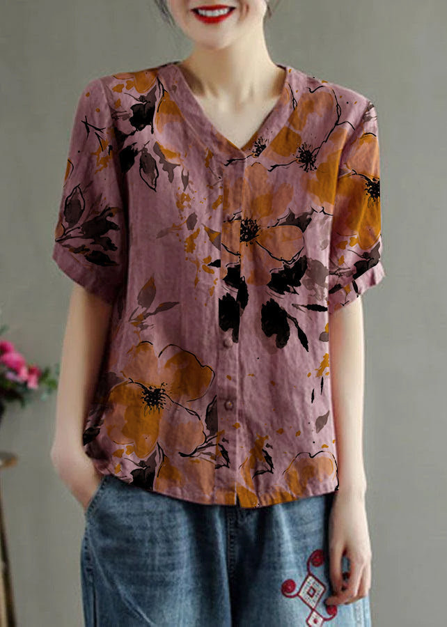 Loose Pink V Neck Embroideried Floral Summer Linen Shirt