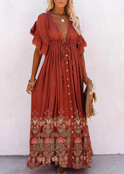 Red-flower V Neck Button Maxi Dresses Short Sleeve