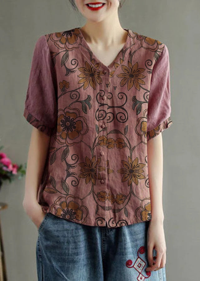 Loose Pink V Neck Embroideried Floral Summer Linen Shirt