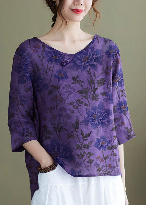 DIY purple crane Embroidered side open Half Sleeve Top