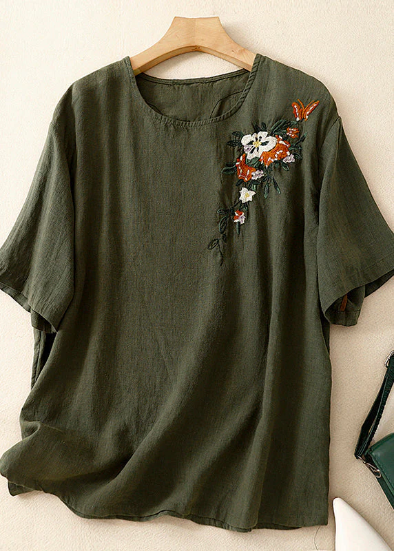 Grace Khaki O Neck Embroidered Linen T Shirts Summer