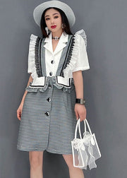 diy Grey Notched Collar Ruffled Patchwork Plaid Maxi Dresses Short Sleeve