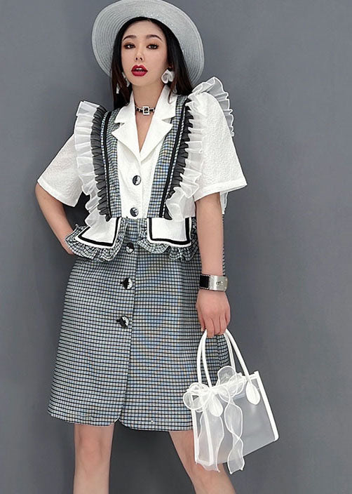 diy Grey Notched Collar Ruffled Patchwork Plaid Maxi Dresses Short Sleeve