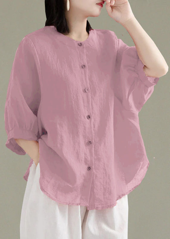 Art Red O-Neck Button Leinen Loose Shirt Top Laternenärmel